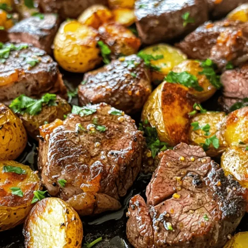 Garlic Butter Steak Bites and Potatoes is a quintessential comfort dish that marries the rich, savory flavors of tender steak with the satisfying heartiness of roasted baby potatoes. This dish not only tantalizes the taste buds but also offers a delightful aroma that fills your kitchen, making it a perfect centerpiece for family dinners or a cozy date night at home. The combination of perfectly seared steak bites enveloped in aromatic garlic butter, paired with crispy-tender potatoes, creates a symphony of flavors that is hard to resist.