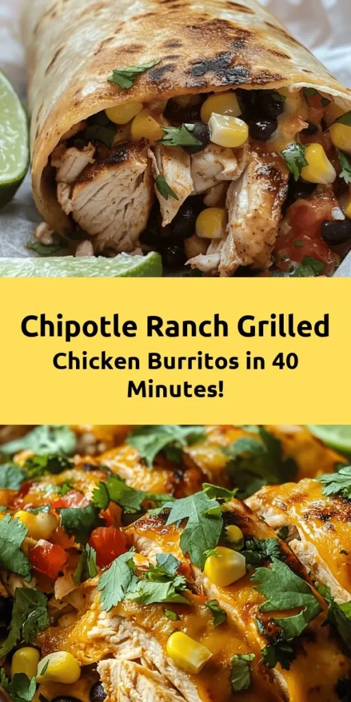 Savor the bold flavors of this Easy Chipotle Ranch Grilled Chicken Burrito! Perfect for a quick and satisfying meal, this recipe features marinated grilled chicken, fluffy rice, black beans, sweet corn, and gooey cheese, all wrapped in a warm tortilla. Drizzled with zesty chipotle ranch dressing and topped with fresh cilantro, these burritos are not only delicious but also easy to make. Gather your ingredients and elevate your weeknight dinner with this tasty treat!