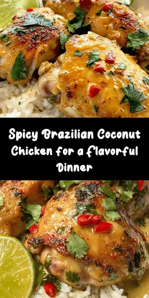 Transport your taste buds to Brazil with this delicious Spicy Brazilian Coconut Chicken! Marinated in rich coconut milk and a blend of spices, this dish features tender chicken thighs that are browned to perfection and simmered in a fragrant sauce. Served over fluffy rice and garnished with fresh cilantro and lime, it's a perfect combination of heat and flavor. Easy to make and perfect for any dinner. Try this tropical sensation tonight!
