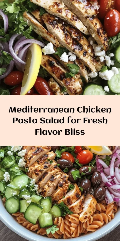 Elevate your meal with this delicious Mediterranean Chicken Pasta Salad! Packed with rotini pasta, tender chicken, fresh veggies like cherry tomatoes and cucumbers, and tangy feta cheese, this dish is a perfect blend of flavors. The light lemon and balsamic dressing ties it all together beautifully. Ideal for a quick lunch or as a side for dinner, it’s both healthy and satisfying. Prep it in just 15 minutes and enjoy a taste of the Mediterranean!