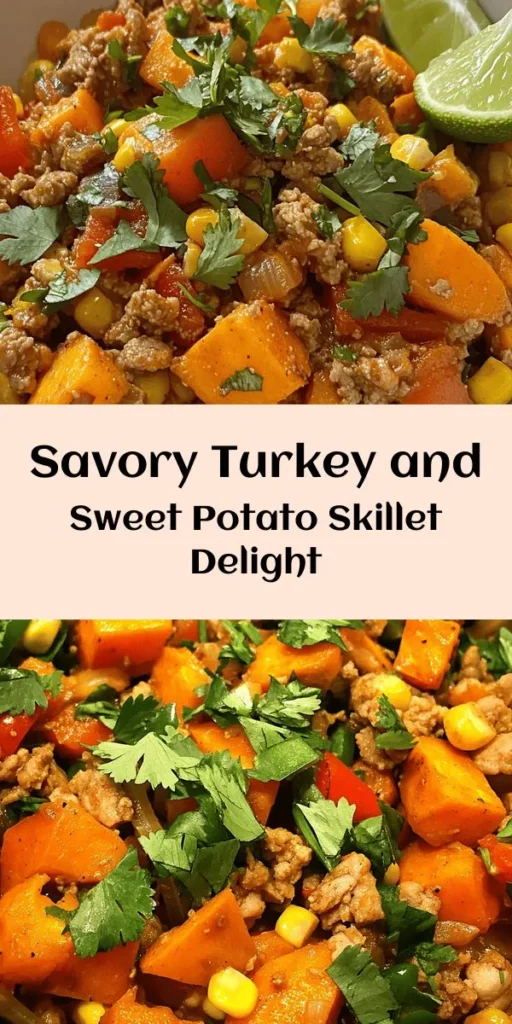 Experience the delicious flavors of this savory Ground Turkey Sweet Potato Skillet! This easy one-pan meal features tender ground turkey, diced sweet potatoes, vibrant bell peppers, and sweet corn, all seasoned to perfection with cumin and smoked paprika. Ready in just 35 minutes, it's a healthy dinner option that's satisfying and full of color. Top it off with fresh cilantro and a squeeze of lime for a burst of freshness. Perfect for busy weeknights!