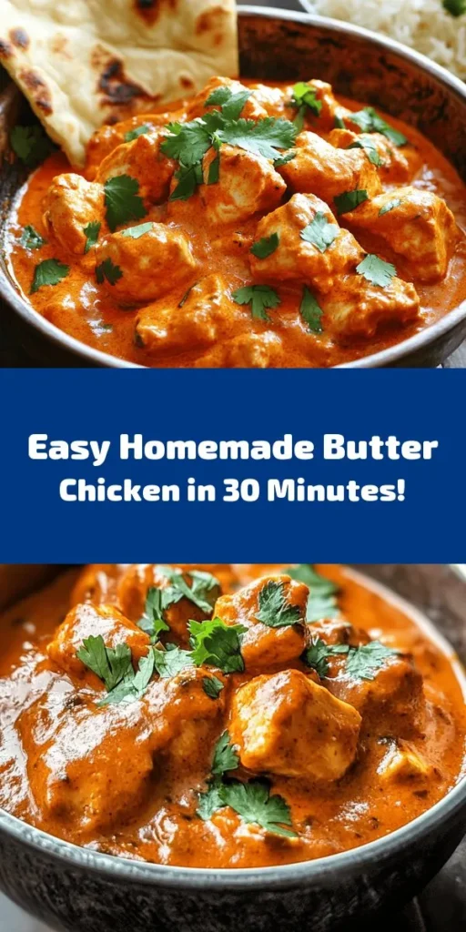 Discover the deliciousness of Quick & Easy Homemade Butter Chicken! This creamy dish features tender chicken marinated in yogurt and spices, then simmered with buttery tomato sauce and cream for a rich flavor explosion. With simple steps and just 10 minutes of prep time, you can serve up this satisfying meal in under an hour. Perfect with naan or rice, it's sure to impress family and friends! Try this recipe for a taste of Indian comfort food at home.
