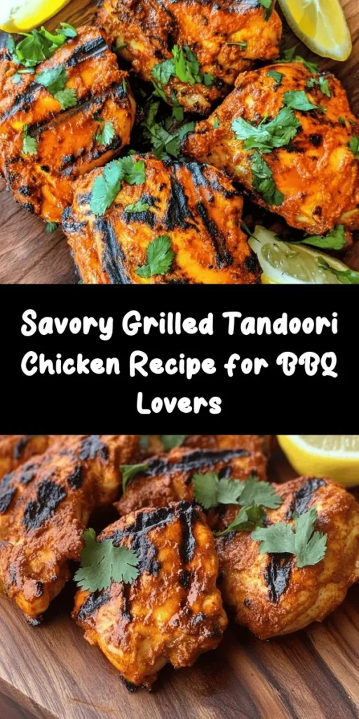 Spice up your meal with this delicious Grilled Tandoori Chicken! Marinated in a blend of yogurt and aromatic spices, this chicken is juicy and packed with flavor. Perfect for summer grilling, it's easy to prepare and can be served with naan or rice for a complete feast. With fresh cilantro and lemon wedges as a garnish, this dish looks as amazing as it tastes. Ideal for family dinners or gatherings, your taste buds are in for a treat!