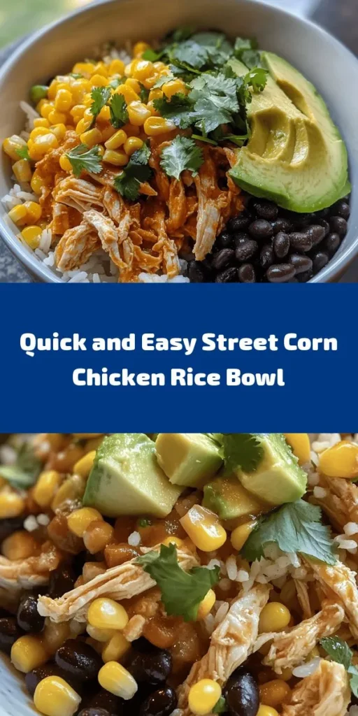 Whip up a delicious Easy Street Corn Chicken Rice Bowl in just 10 minutes! This recipe blends fluffy jasmine rice, tender rotisserie chicken, sweet corn, and hearty black beans, all tossed together with zesty lime, chili powder, and cumin for a burst of flavor. Topped with creamy avocado and fresh cilantro, it’s a healthy, satisfying meal perfect for lunch or dinner. Enjoy this tasty, colorful bowl the whole family will love!