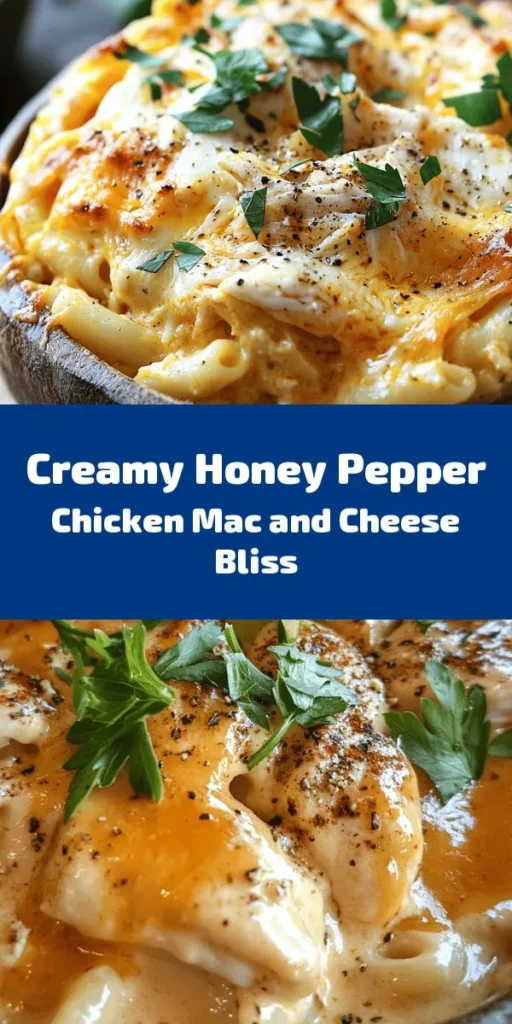 Indulge in the creamy goodness of Honey Pepper Chicken Mac and Cheese Delight! This comforting dish combines tender shredded chicken, elbow macaroni, and a rich blend of sharp cheddar and mozzarella cheeses, all brought together with a hint of sweetness from honey and a kick of black pepper. Perfect for a cozy family dinner or a quick meal. Ready in just 30 minutes, this recipe is sure to be a favorite. Don't forget to garnish with fresh parsley for added flavor!