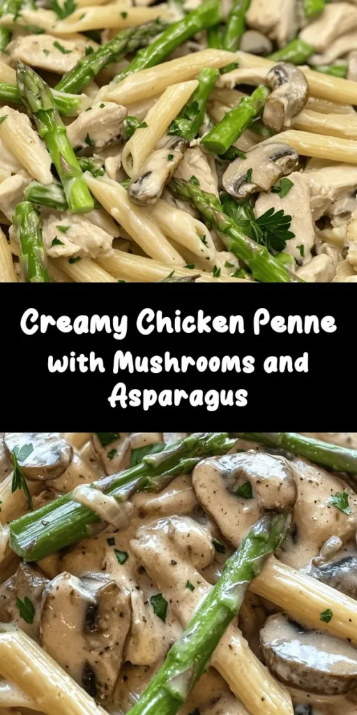 Indulge in a delicious Creamy Mushroom and Asparagus Chicken Penne that’s perfect for a weeknight dinner! This simple recipe combines tender chicken, fresh veggies, and pasta tossed in a rich, creamy sauce. With just a handful of ingredients like garlic, Parmesan, and Italian seasoning, it's a flavorful dish ready in just 30 minutes. Perfect for the whole family, enjoy a comforting bowl topped with fresh parsley. Try it tonight!