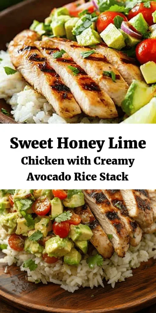Looking for a delicious and vibrant meal? Try this Honey Lime Chicken & Avocado Rice Stack! Juicy grilled chicken marinated in a sweet and tangy honey-lime sauce is layered with fluffy jasmine rice and a fresh avocado mixture filled with cherry tomatoes and red onion. It's a colorful and healthy dish that's perfect for dinner or meal prep. Garnish with cilantro and enjoy with lime wedges for added zest. Easy to make and bursting with flavor!