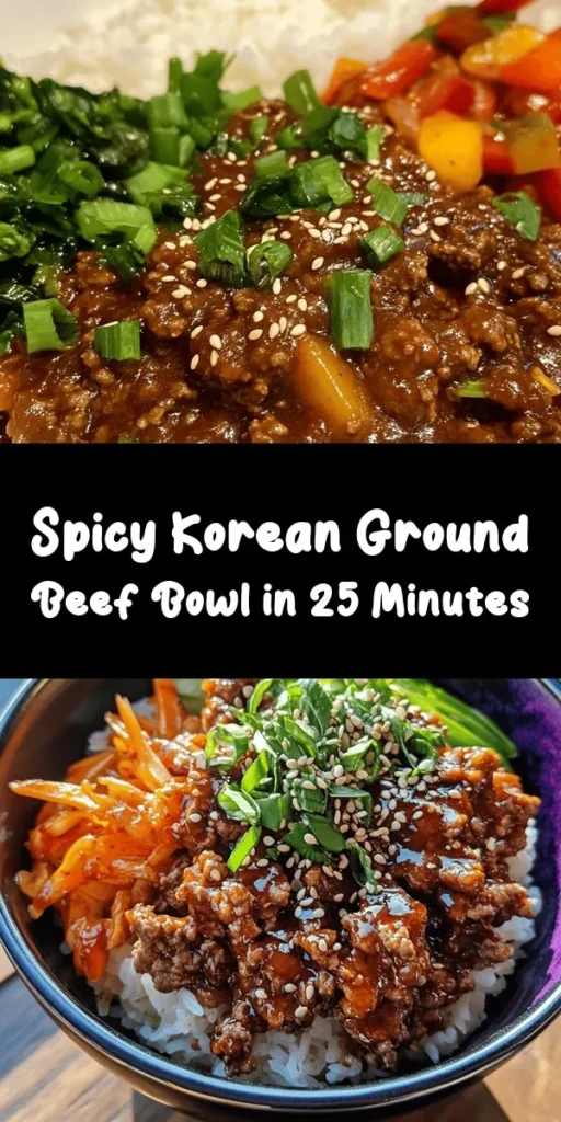 Get ready to spice up your dinner with this delicious Spicy Savory Korean Ground Beef Bowl! Made with savory ground beef, aromatic garlic, ginger, and a perfect blend of soy sauce and gochujang, this dish is packed with flavor. Serve it over your choice of rice and top with sesame seeds and green onion for an extra kick. Quick to prepare in just 25 minutes, it's an easy and satisfying meal that the whole family will love! Enjoy the balance of spicy, sweet, and umami in every bite.