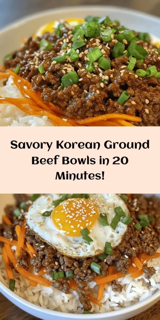 Discover the deliciousness of Korean Ground Beef Bowls! This quick and easy recipe features savory ground beef seasoned with garlic, ginger, and a flavorful sauce of soy sauce, brown sugar, and gochujang. Served over rice or cauliflower rice and topped with vibrant shredded carrots, green onions, and sesame seeds, it's a meal everyone will love. Customize with your favorite toppings like a fried egg or pickled veggies for an extra kick. Perfect for busy weeknights!