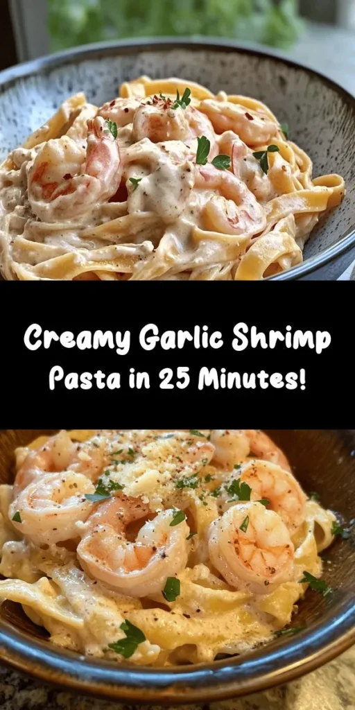 Indulge in this creamy garlic shrimp pasta that’s perfect for a weeknight dinner or a special occasion! With tender shrimp sautéed in a rich garlic sauce and tossed with fettuccine, this dish is sure to please everyone at the table. The combination of heavy cream, Parmesan cheese, and a hint of lemon adds an irresistible flavor. Ready in just 25 minutes, it's a quick and delicious meal! Don’t forget the fresh parsley for a beautiful finish!