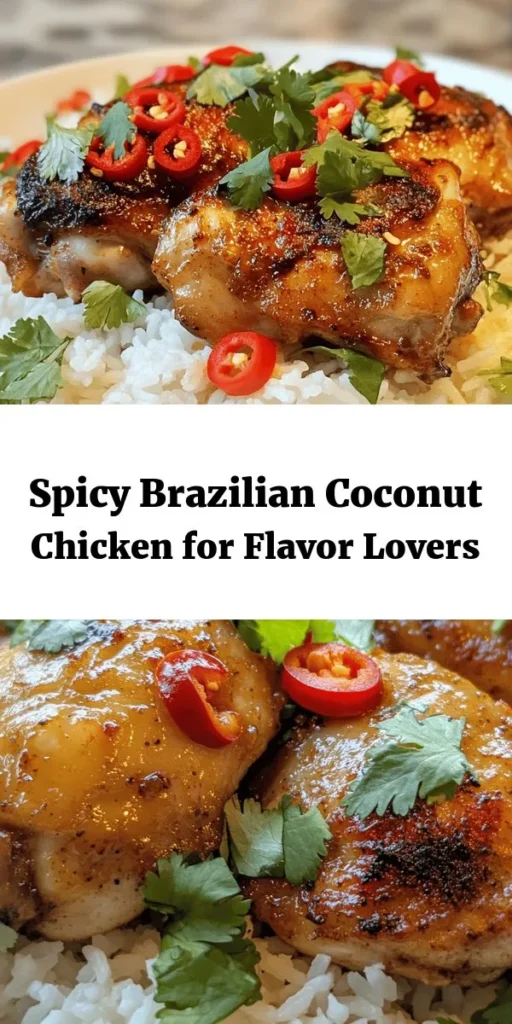 Experience the vibrant flavors of Brazil with this Spicy Brazilian Coconut Chicken recipe. Marinated in creamy coconut milk and zesty lime, this dish combines succulent chicken thighs with aromatic spices and fresh herbs for a mouthwatering meal. Perfect for serving over fluffy rice, it's a dish that will delight your taste buds and impress your guests. Quick to prepare and packed with flavor, this recipe is sure to become a favorite in your kitchen!