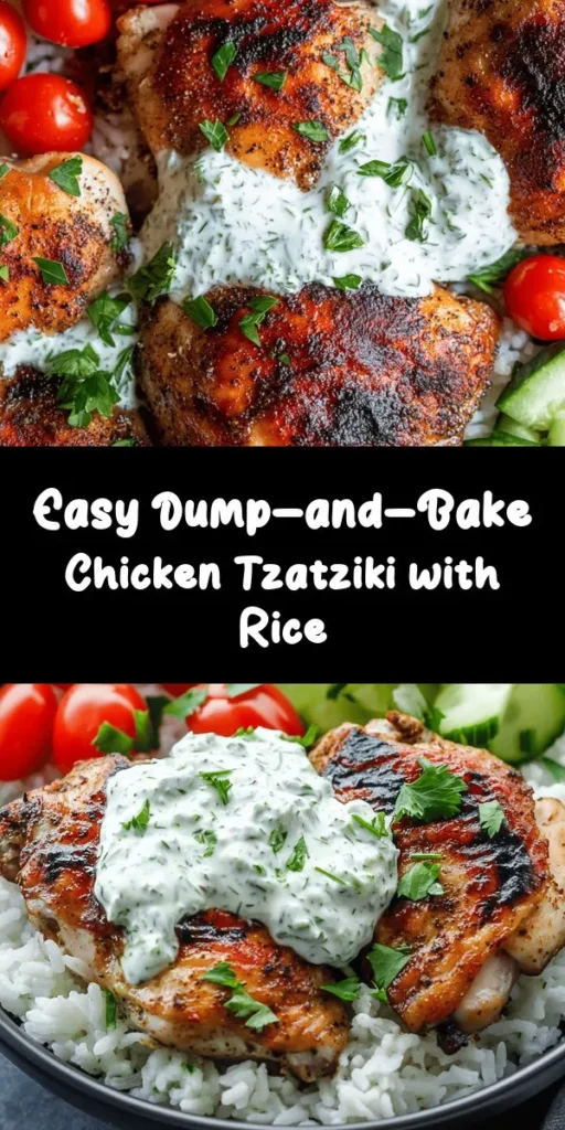 Discover the ease of this Dump-and-Bake Chicken Tzatziki with Rice recipe! Juicy chicken thighs bake alongside fluffy basmati rice in a flavorful chicken broth. Enhanced with a creamy tzatziki sauce made from Greek yogurt, fresh cucumber, and dill, it’s a refreshing twist on a classic. Perfect for busy nights, this one-dish meal can be ready in under an hour. Garnish with cherry tomatoes and parsley for a vibrant finish. Enjoy this delicious dinner that everyone will love!