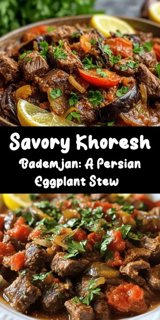 Indulge in the rich flavors of Khoresh Bademjan, a delightful Persian eggplant stew! This savory dish combines tender stewing lamb or beef with golden-browned eggplants, aromatic spices, and fresh tomatoes for a comforting meal. Perfect for cozy evenings, serve it with fragrant basmati rice and a sprinkle of parsley. Garnish with lemon slices for an extra zing! Easy to prepare and deeply flavorful, this recipe will impress your family and friends. Enjoy!