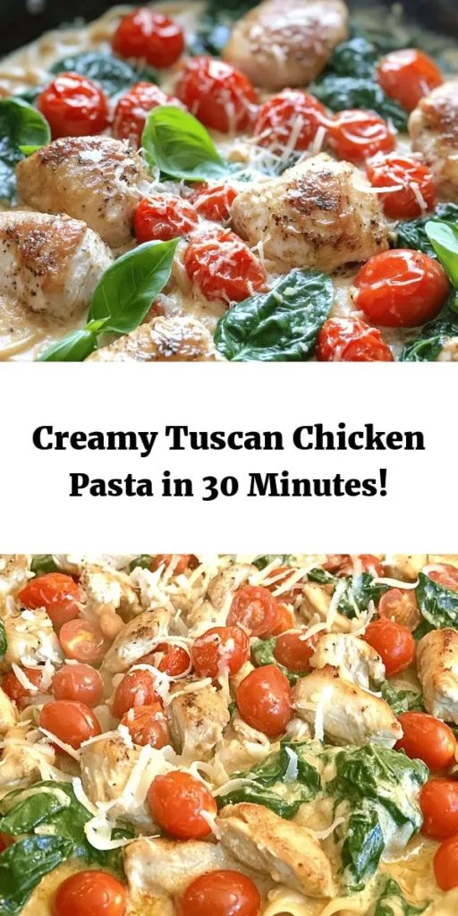 Indulge in this Easy Tuscan Chicken Pasta that's perfect for a weeknight dinner! In just 40 minutes, you can whip up a delicious dish featuring tender chicken, creamy sauce, fresh spinach, and cherry tomatoes. With simple ingredients like fettuccine, garlic, and Parmesan cheese, this recipe is both satisfying and quick. Garnish with fresh basil for a pop of color. Your family will love this flavorful meal that brings a taste of Tuscany to your table!