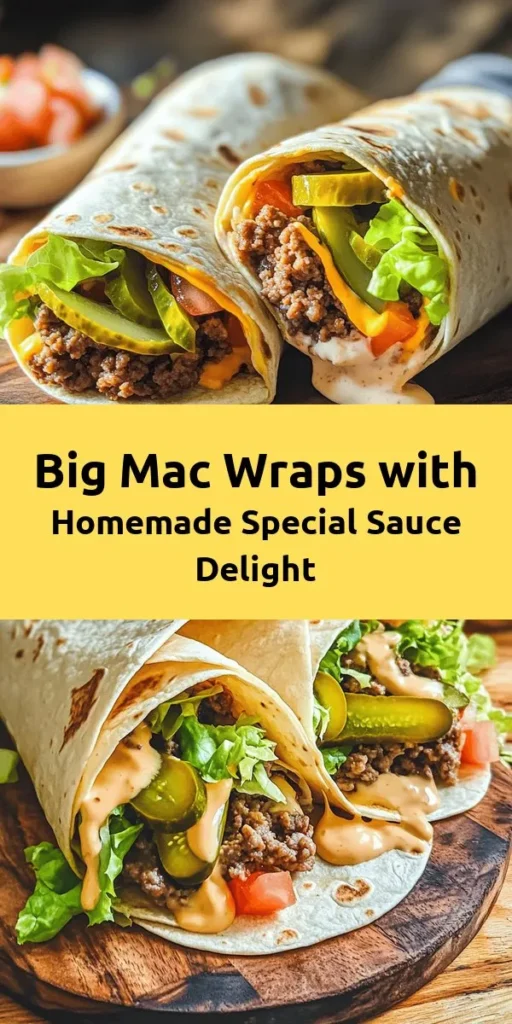 Indulge in the deliciousness of Big Mac Wraps with Special Sauce! This fun twist on a classic burger combines seasoned ground beef, fresh veggies, and a creamy special sauce all wrapped up in a tortilla. Perfect for a quick lunch or dinner, these wraps are easy to make and bursting with flavor. In just 40 minutes, you can enjoy a satisfying meal that family and friends will love. Don't forget to serve with extra special sauce for dipping!