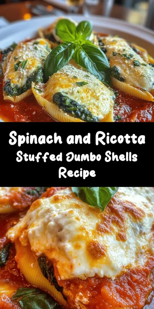 Discover a delicious twist on pasta night with these Spinach & Ricotta Delightful Shells! Packed with fresh spinach, creamy ricotta, and gooey mozzarella, these jumbo shells are perfect for a cozy dinner. Topped with marinara sauce and baked to perfection, they're both comforting and satisfying. Easy to prepare and sure to impress, this dish is ideal for family gatherings or weeknight meals. Don't forget to garnish with fresh basil for that extra touch!
