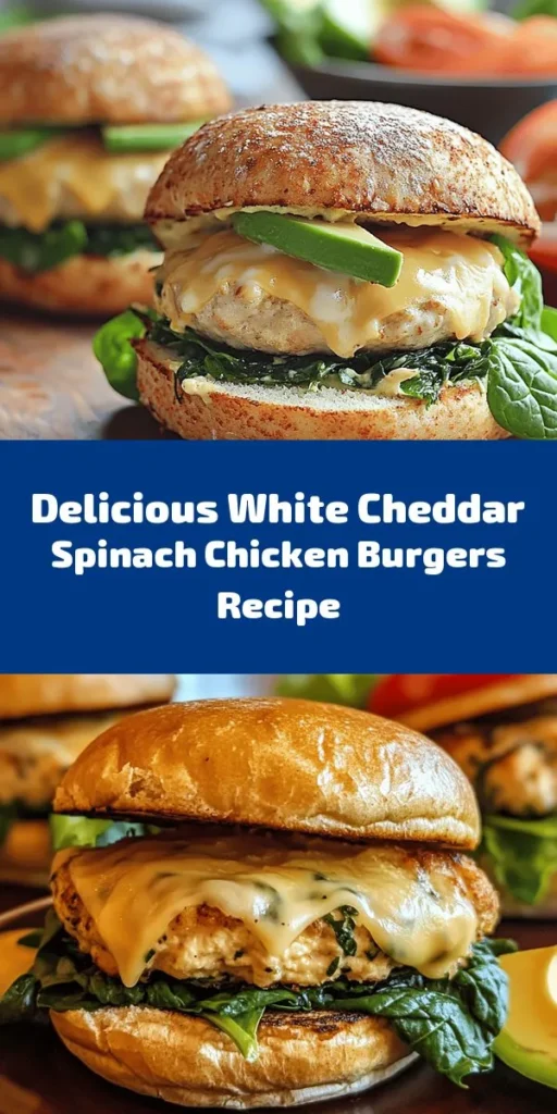 Elevate your weeknight dinner with these savory white cheddar and spinach chicken burgers! Packed with lean chicken, fresh spinach, and creamy white cheddar, these burgers are a healthy twist on a classic favorite. They're quick to make and ready in just 30 minutes. Perfectly paired with whole wheat buns and your choice of toppings like avocado and tomato, these burgers are delicious and nutritious. Enjoy a flavorful meal that the whole family will love!