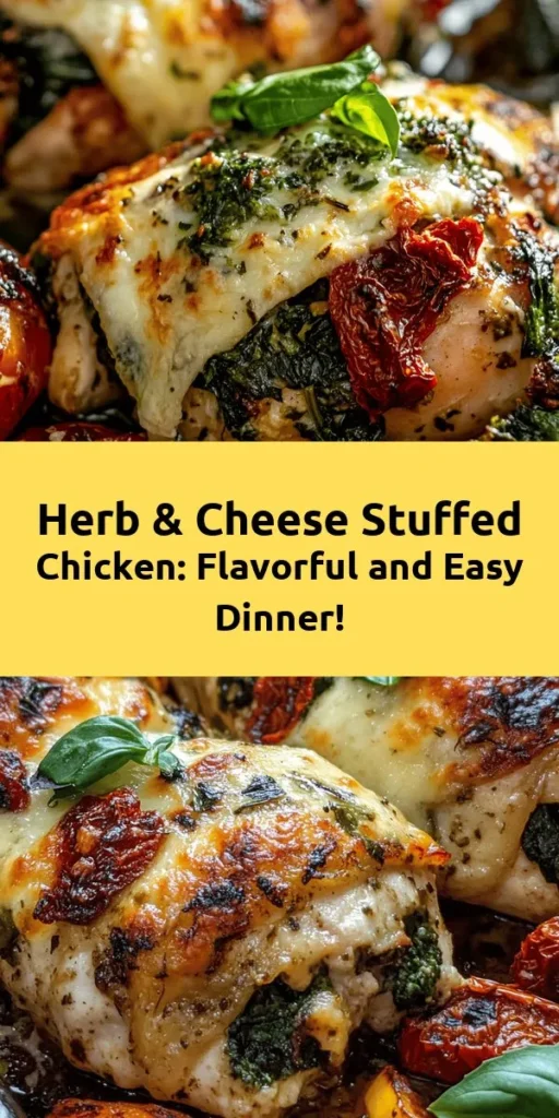 Indulge in a deliciously savory dish with these Herb & Cheese Stuffed Chicken Breasts! This recipe features tender chicken breasts stuffed with a creamy blend of ricotta, feta, spinach, and sun-dried tomatoes, all infused with aromatic herbs. Baked to perfection, each bite is a mouthwatering combination of flavors, topped with gooey mozzarella and Parmesan. Perfect for family dinners or impressing guests, serve with veggies or a salad for a complete meal!