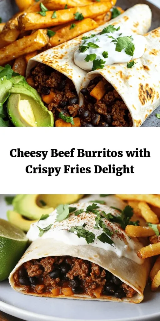 Satisfy your cravings with these Cheesy Beef Burritos paired with Crispy Fries! Bursting with flavors from seasoned ground beef, black beans, and melted cheddar, these burritos are wrapped in soft tortillas and topped with fresh avocado and sour cream. The crispy fries are the perfect side, seasoned to perfection and baked until golden. This easy recipe is perfect for a family dinner or a cozy night in. Enjoy every bite!