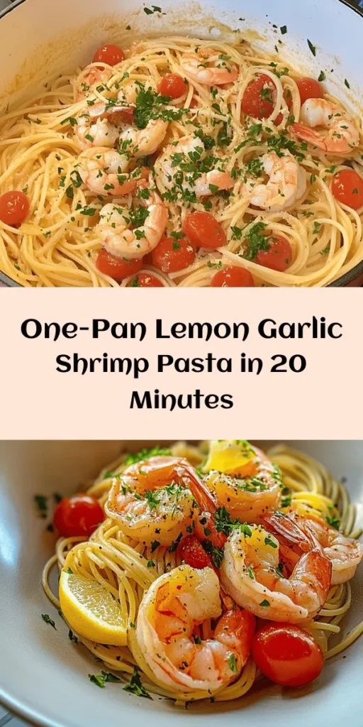 Looking for a quick and flavorful dinner idea? Try this One-Pan Lemon Garlic Shrimp Pasta! With just a handful of ingredients like spaghetti, large shrimp, cherry tomatoes, and fresh parsley, you can whip up a delicious meal in only 20 minutes. It's packed with zesty lemon and garlic flavors that everyone will love. Perfect for busy weeknights, this dish is sure to impress your family and friends! Enjoy a burst of fresh, vibrant pasta goodness!