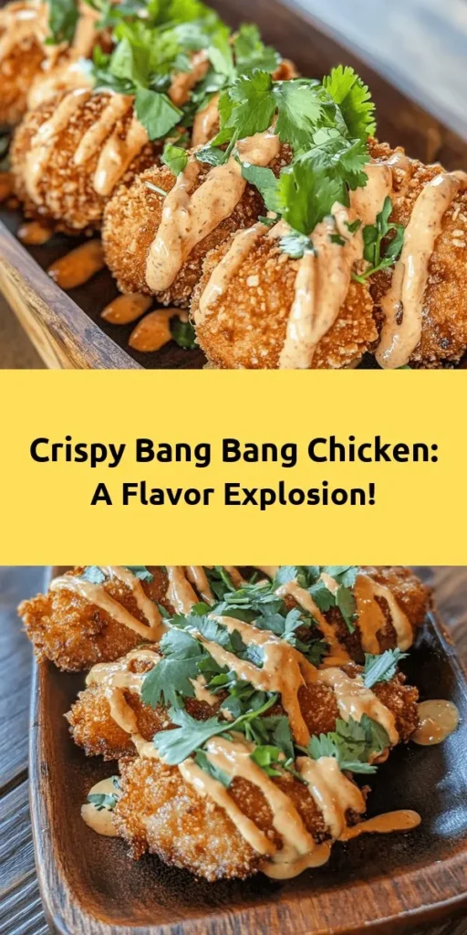 Elevate your dinner game with this Crispy Bang Bang Chicken! Tender chicken pieces marinated in buttermilk, coated in a flavorful blend of seasonings, and fried to perfection create a satisfying crunch in every bite. Paired with a zesty Bang Bang sauce made from mayonnaise, sweet chili, and a kick of sriracha, this dish is sure to impress. Perfect for sharing or enjoying on movie night, this recipe is a deliciously spicy treat!