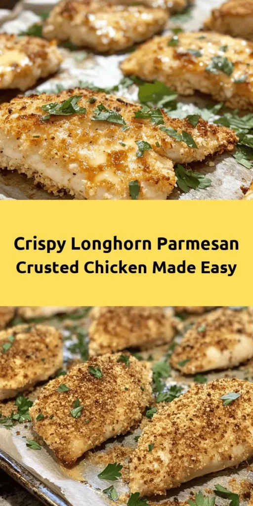Craving a delicious, restaurant-quality meal at home? Try this easy copycat Longhorn Parmesan Crusted Chicken recipe! With juicy chicken breasts coated in a flavorful mixture of Parmesan cheese and panko breadcrumbs, it's a dish that’s sure to impress. Prep takes just 15 minutes, and baking gives a crispy finish without the frying hassle. Perfect for any night of the week, serve it up with your favorite sides and enjoy a taste of comfort food. Don't forget to garnish with fresh parsley for that extra touch!