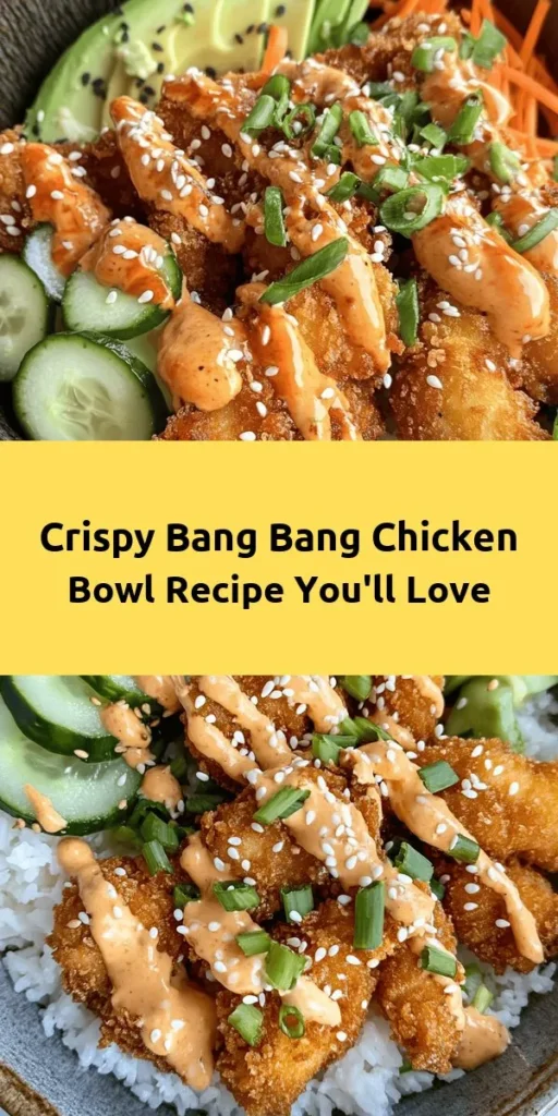 Create a delicious Bang Bang Chicken Bowl that's sure to impress! This easy recipe features crispy chicken coated in a flavorful mix, served over your choice of rice and topped with fresh veggies like carrots and cucumbers. Drizzle with a homemade Bang Bang sauce for a perfect kick. With a prep time of just 15 minutes, you can enjoy this crispy, saucy goodness in no time. Perfect for a weeknight dinner or a fun meal prep option!
