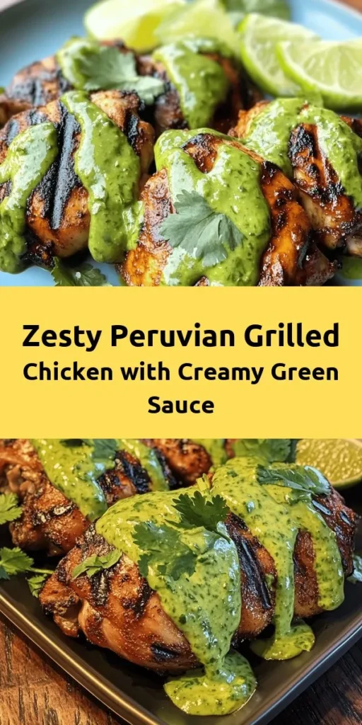 Indulge in the vibrant flavors of Peru with this mouthwatering grilled chicken recipe! Marinated in a blend of garlic, spices, and fresh lime juice, the chicken thighs become juicy and flavorful. Paired with a creamy green sauce made from cilantro and jalapeños for an extra kick, this dish is perfect for summer grilling. Serve with lime wedges and avocado for a delicious twist. Easy, quick, and absolutely delicious—your taste buds will thank you!