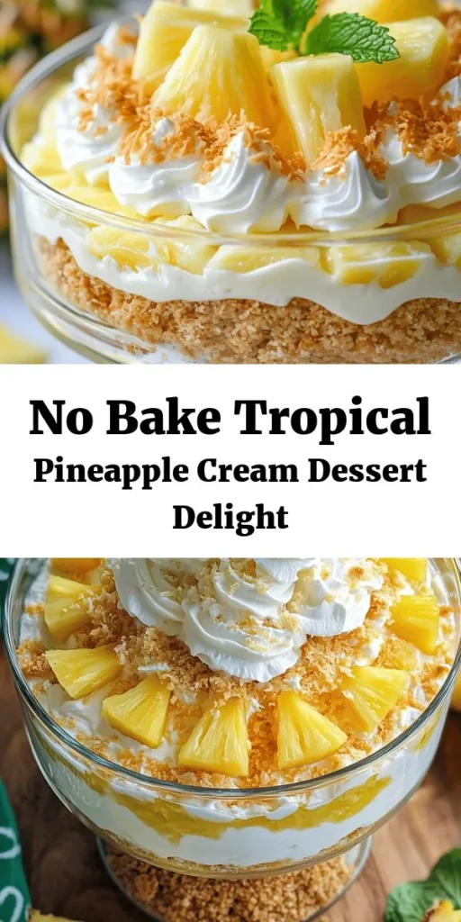 Indulge in a slice of tropical bliss with this no-bake Pineapple Cream Dessert! Layered with a creamy pineapple filling, fluffy whipped cream, and a crunchy graham cracker crust, this refreshing treat is perfect for any occasion. Made with simple ingredients like cream cheese, powdered sugar, and toasted coconut flakes, it's easy to whip up and requires just a fridge to chill. Garnish with fresh pineapple and mint for an extra touch. Enjoy a taste of paradise!
