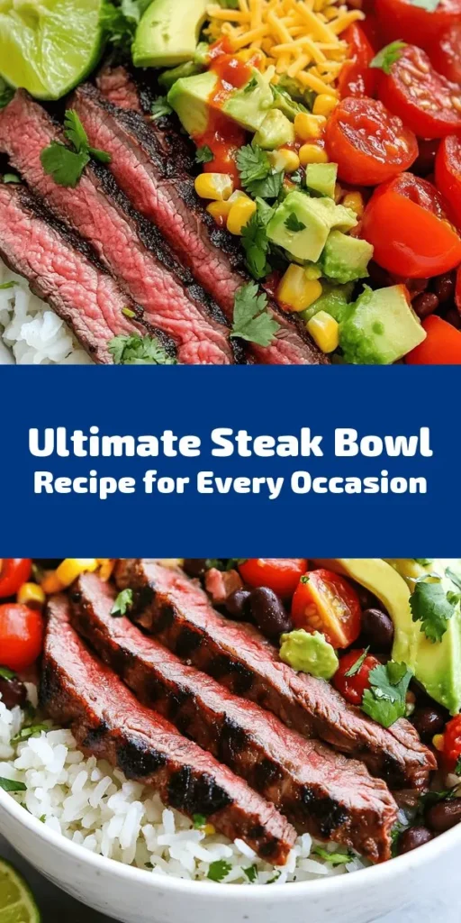 Elevate your meal with this Ultimate Steak Bowl, perfect for any occasion! Start with marinated flank steak, grilled to perfection, and layer it over a bed of your favorite rice. Add black beans, corn, creamy avocado, and fresh cherry tomatoes for a burst of flavor. Top it off with shredded cheese, cilantro, and a squeeze of lime. This delicious and customizable dish is a crowd-pleaser that brings all the best ingredients together in one bowl. Enjoy!