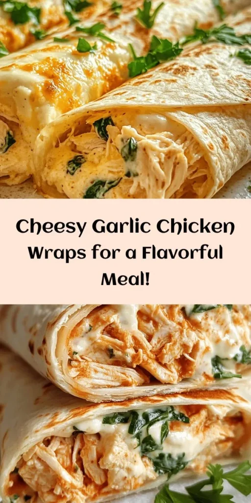 Enjoy a burst of flavor with these Cheesy Garlic Chicken Wraps! Made with seasoned shredded chicken, creamy garlic and cream cheese, and melted mozzarella, these wraps are simple to make and perfect for lunch or dinner. Ready in just 30 minutes, they can be customized with fresh spinach for an extra crunch. Roll them up, grill until golden, and serve with a sprinkle of fresh parsley. Perfect for a quick meal that’s sure to impress!