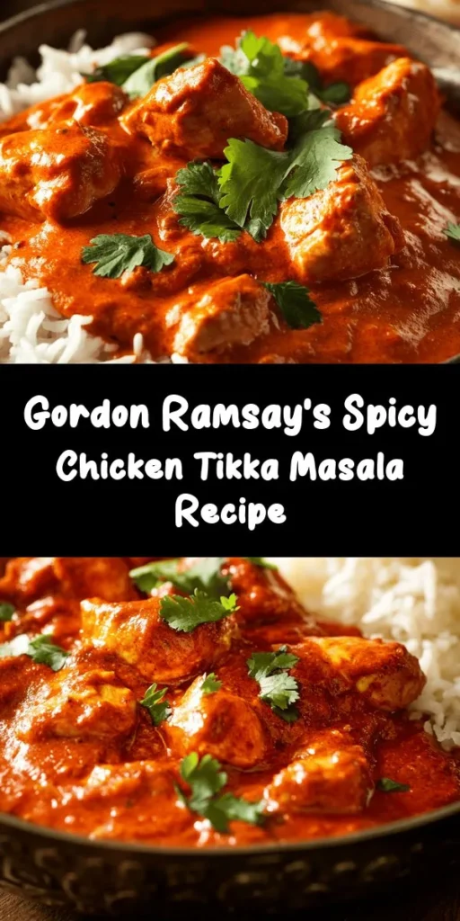 Spice up your dinner with Gordon Ramsay's Chicken Tikka Masala! This flavorful dish features marinated chicken thighs grilled to perfection, then simmered in a rich and aromatic sauce made with coconut milk and tangy tomatoes. With a blend of spices like garam masala and turmeric, every bite is a burst of flavor. Serve it with fluffy basmati rice and warm naan for a delightful meal everyone will love. Perfect for weeknight dinners or special occasions!