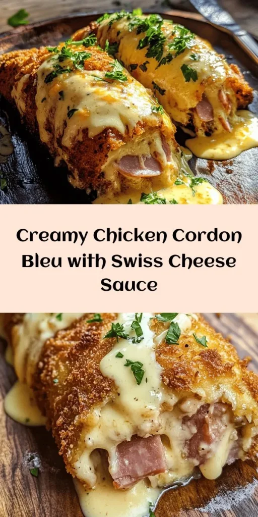 Looking for a dinner that's sure to impress? Try this mouthwatering Chicken Cordon Bleu with a creamy Swiss cheese sauce! Tender chicken breasts are rolled with savory ham and gooey Swiss cheese, then coated in crispy breadcrumbs for the perfect crunch. Served with a rich cheese sauce, this dish is a comforting classic. Perfect for family dinners or special occasions, it's simple to make and absolutely delicious. Your taste buds will thank you!