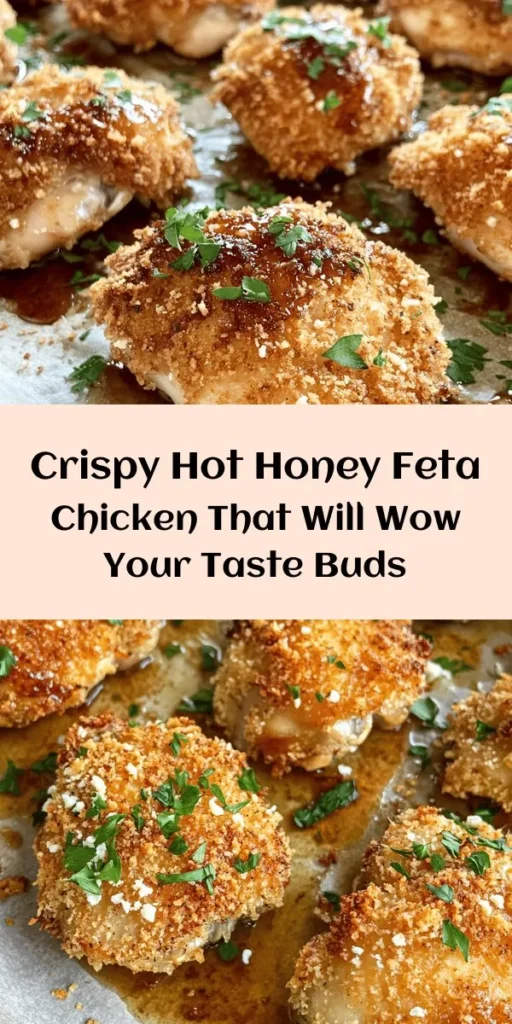 Get ready to spice up your dinner with this Crispy Hot Honey Feta Chicken recipe! Juicy chicken thighs marinate in a flavorful yogurt blend, then get coated in a crunchy breadcrumb and feta mix for a mouthwatering crunch. Baked to perfection and drizzled with tangy hot honey, this dish offers the perfect balance of heat and creaminess. It's easy to prepare and perfect for a weeknight meal or special occasion. Don't forget to garnish with fresh parsley for a pop of color! Enjoy with your favorite sides!