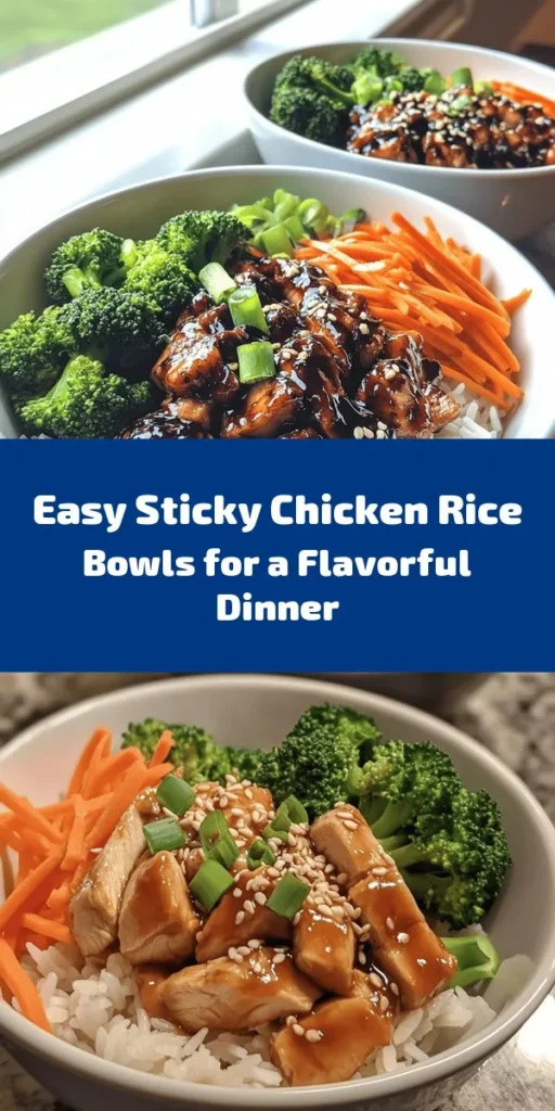 Craving a flavorful meal? Try these Sticky Chicken Rice Bowls! Packed with tender chicken marinated in a sweet and savory sauce, jasmine rice, and vibrant steamed vegetables, this dish is as delicious as it is colorful. Easy to prepare in just 40 minutes, it features ingredients like honey, hoisin sauce, and aromatic garlic. Perfect for a weeknight dinner, and customizable with your favorite toppings. Dive into this delightful bowl of goodness today!