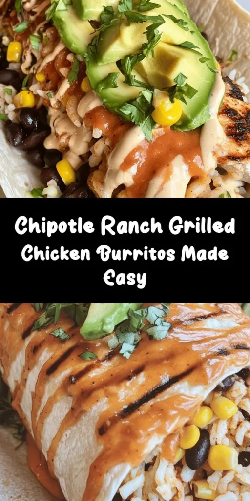 Craving a delicious and easy meal? Try this Easy Chipotle Ranch Grilled Chicken Burrito! Perfectly marinated grilled chicken pairs with rice, black beans, corn, and avocado, all wrapped in a warm tortilla and drizzled with chipotle ranch dressing. It's a flavor-packed dish that's simple to make and satisfying to eat. Great for meal prep or a fun dinner with family! Enjoy a burst of fresh flavors in every bite.