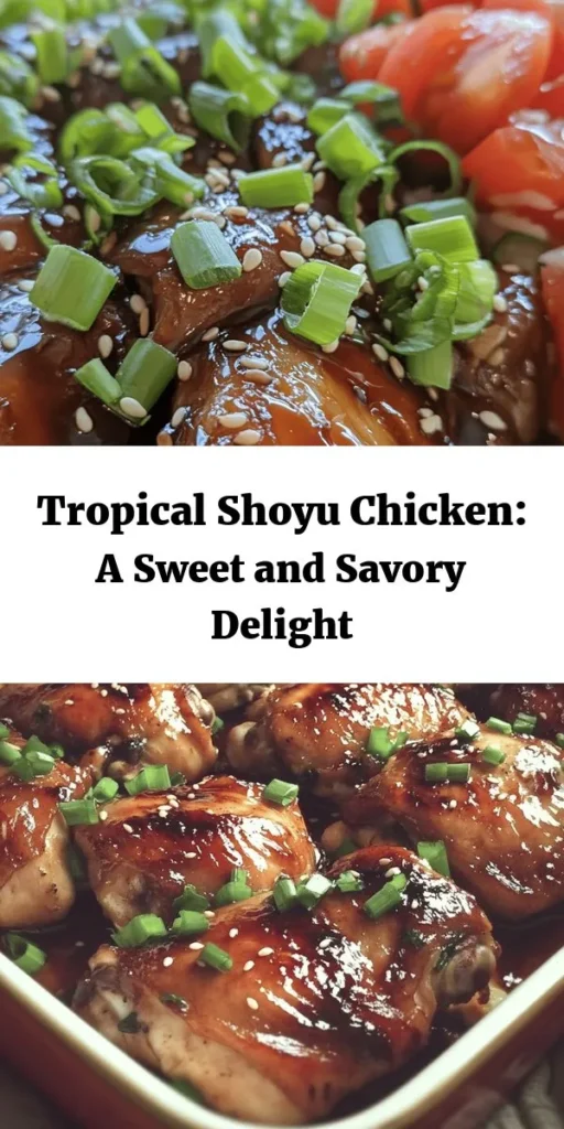 Looking for a delicious and tropical twist on dinner? Try this Tropical Shoyu Chicken Delight! Marinated in a savory mix of soy sauce, brown sugar, and pineapple juice, this dish is bursting with flavor. With just a bit of garlic and ginger, it’s easy to prepare and perfect for a family meal. Bake it to juicy perfection and garnish with green onions and sesame seeds for an eye-catching presentation. Serve it with rice and veggies for a complete meal. Enjoy a taste of Japan in your home!