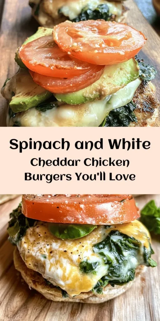 Get ready to savor these delicious White Cheddar and Spinach Chicken Burgers! Packed with flavor from fresh spinach and creamy white cheddar, these juicy burgers are perfect for a healthy weeknight dinner. With just 15 minutes of prep, you'll have four mouthwatering burgers on the table in 30 minutes. Top with fresh tomatoes, lettuce, and avocado for a satisfying meal the whole family will love. Try them today for a fun twist on classic burgers!