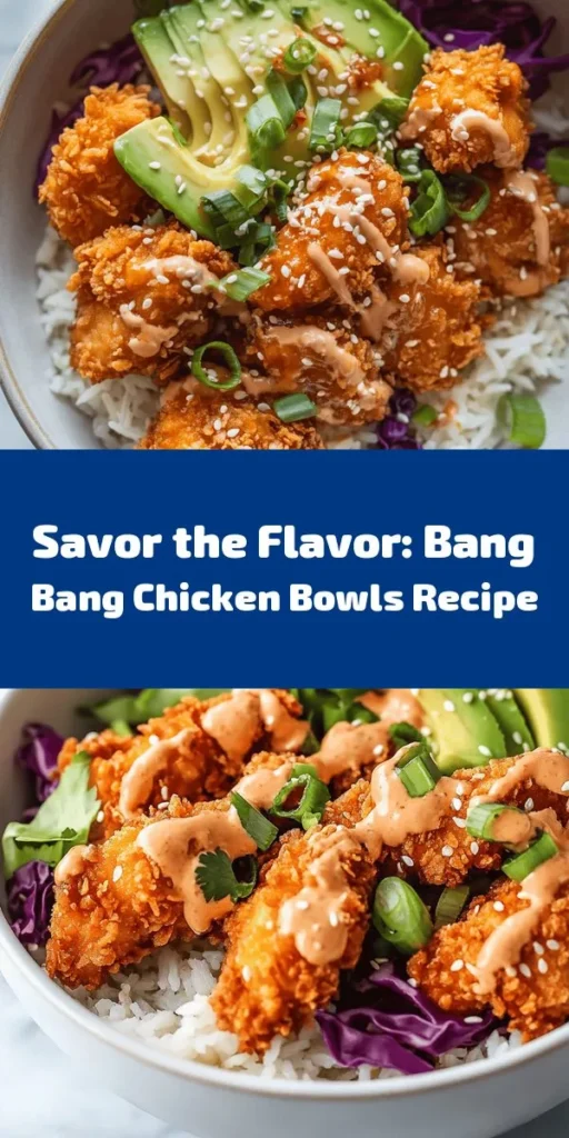 Savor the flavors of Bang Bang Chicken Bowls with this delicious recipe that's sure to impress! Juicy, crunchy chicken bites are coated in a perfect blend of spices and fried to golden perfection. Layer them over fluffy jasmine rice and shredded cabbage, then drizzle with a creamy, spicy Bang Bang sauce. Top it off with fresh avocado, scallions, and sesame seeds for a vibrant and satisfying meal. Perfect for a quick dinner!