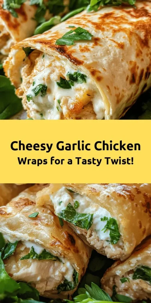 Indulge in these cheesy garlic chicken wraps that combine tender chicken, creamy garlic filling, and fresh spinach all wrapped in a warm tortilla. Perfect for a quick lunch or a satisfying dinner, these wraps are bursting with flavor and can be grilled to golden perfection for extra crunch. With easy-to-follow steps and simple ingredients like mozzarella and cream cheese, this recipe is sure to become a family favorite! Enjoy them warm with your favorite dipping sauce.