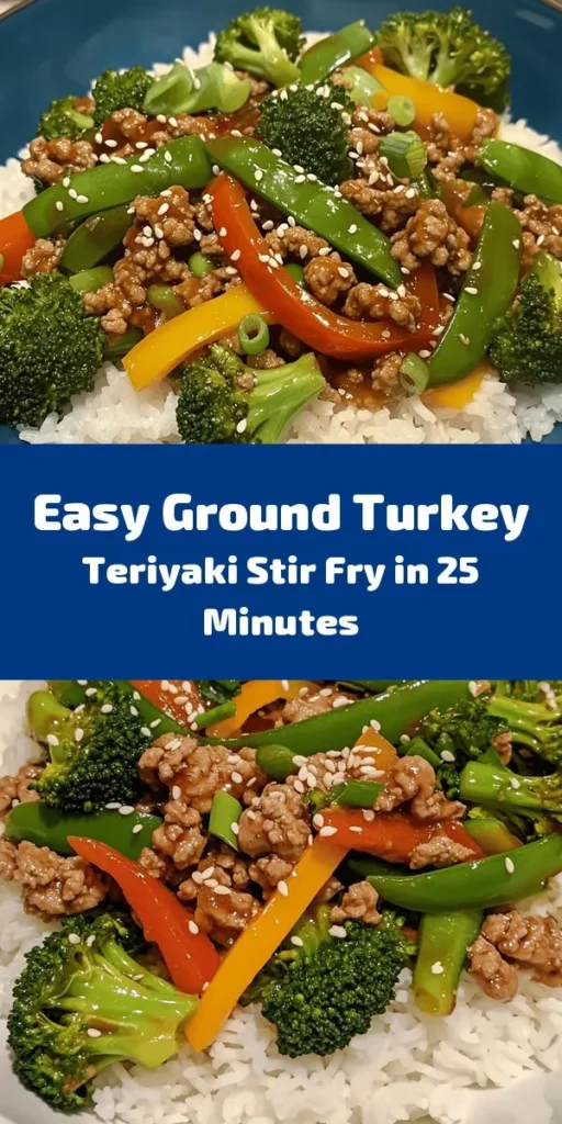 Savor the flavors of this Sweet & Savory Ground Turkey Teriyaki Stir Fry! In just 25 minutes, you can whip up a delicious meal featuring ground turkey, crisp veggies like broccoli and snap peas, and a mouthwatering teriyaki sauce. It's a perfect blend of sweet and savory, served over jasmine or brown rice for a satisfying dinner. Plus, it’s healthy and quick, making it a weeknight favorite. Don’t forget to garnish with sesame seeds and green onions for an extra touch!