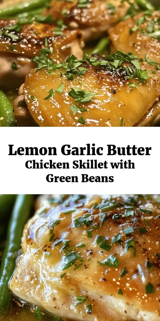 Elevate your dinner with this flavorful Lemon Garlic Butter Chicken and Green Beans Skillet! In just 30 minutes, you can whip up juicy chicken thighs perfectly seared and drizzled in a zesty lemon garlic butter sauce. Toss in vibrant green beans for a delicious and nutritious side. This one-pan meal is simple to make and packs a punch of flavor in every bite. Perfect for busy weeknights or impressing guests! Enjoy garnished with fresh parsley for a beautiful touch.