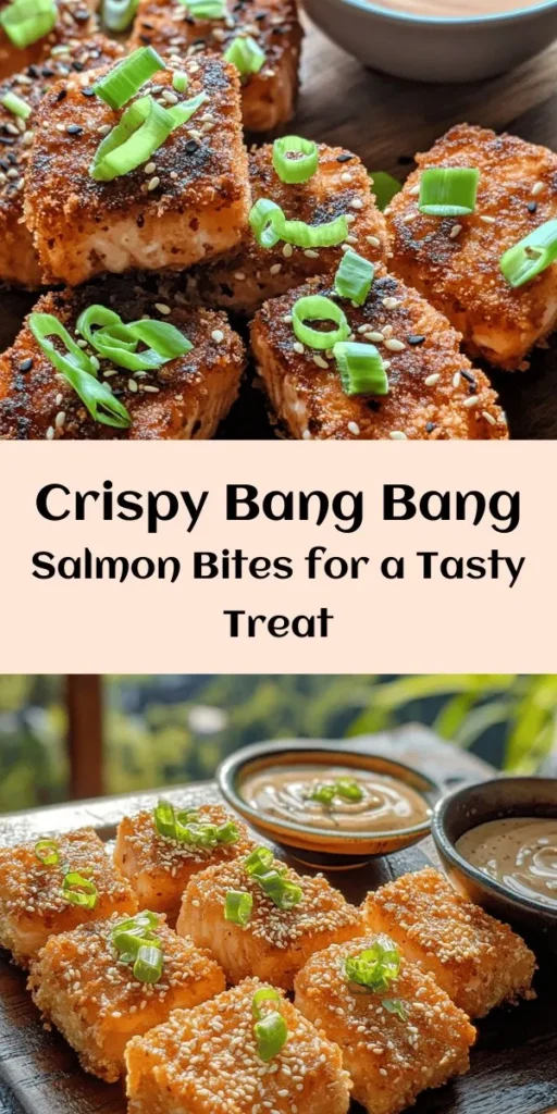 Looking for a delicious seafood dish that’s packed with flavor? Try these Crispy Bang Bang Salmon Bites! Perfectly breaded and fried salmon pieces are paired with a creamy, spicy Bang Bang sauce for dipping. Quick to prepare in just 30 minutes, these bites make a fantastic appetizer or main course. With a crunchy exterior and tender salmon inside, they're sure to impress at your next gathering or family dinner. Enjoy the perfect combination of spice and crunch!