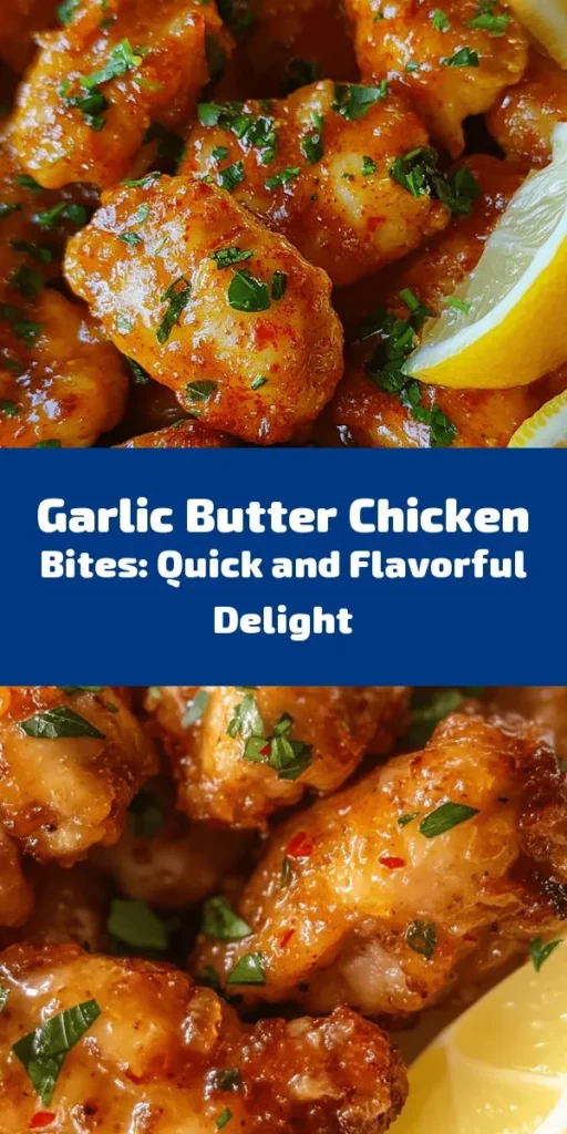 Savor the flavor of these delicious Garlic Butter Chicken Bites! This quick and easy recipe features tender chicken pieces cooked in a rich garlic and buttery sauce, seasoned to perfection with paprika and oregano. With just 20 minutes of prep and cook time, it's perfect for weeknight dinners. Finish with a splash of fresh lemon juice and parsley for a burst of freshness. Serve warm and enjoy a delightful meal that everyone will love!