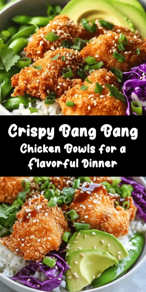 Savor the crunch of Bang Bang Chicken Bowls, where crispy fried chicken meets vibrant veggies! This recipe features tender, breaded chicken thighs served over a bed of jasmine rice, topped with fresh cabbage, snap peas, and creamy avocado. Drizzled with a delicious homemade Bang Bang Sauce, these bowls are a perfect blend of flavors and textures. Easy to make and irresistibly tasty, they're perfect for a weeknight dinner or meal prep. Give it a try!