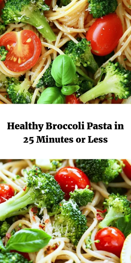 Discover the delight of a wholesome meal with this easy healthy broccoli pasta recipe! Made with whole wheat pasta and packed with fresh broccoli, garlic, and cherry tomatoes, this dish is not only nutritious but also bursting with flavor. It's ready in just 25 minutes, making it a perfect weeknight dinner. Top it off with Parmesan cheese and fresh basil for an extra touch. Serve with lemon wedges for a refreshing twist. Your family will love it!