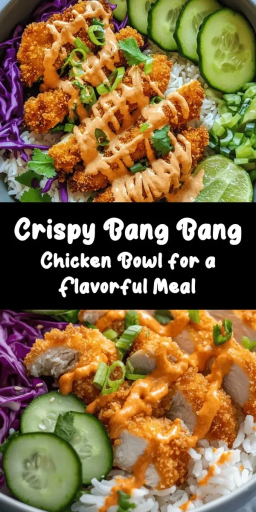 Discover the ultimate recipe for Bang Bang Chicken Bowl! This mouthwatering dish features crispy, breaded chicken thighs served over a bed of fragrant jasmine rice, topped with crunchy cabbage and refreshing cucumbers. Drizzle with a zesty and creamy Bang Bang sauce for an explosion of flavor. Perfect for a quick weeknight dinner or a fun weekend meal, this recipe is easy to follow and guaranteed to impress. Enjoy a delightful mix of textures and tastes in every bite!