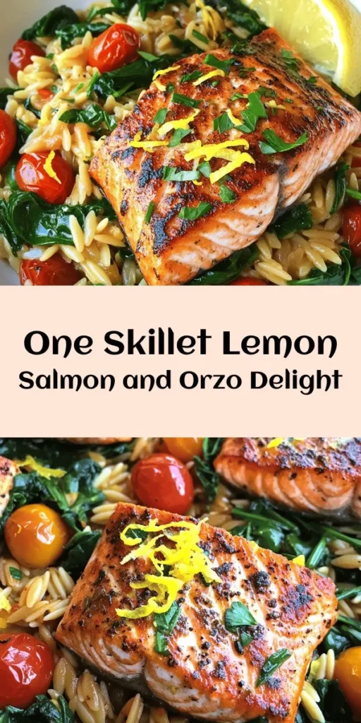 Discover the delightful flavors of One Skillet Salmon with Lemon Orzo! This easy recipe features perfectly seared salmon fillets served over a bed of creamy orzo, infused with lemon zest, cherry tomatoes, and fresh spinach. Ready in just 30 minutes, it's a complete meal sure to impress. Perfect for weeknight dinners or special occasions, this dish is a burst of freshness in every bite. Give it a try and elevate your dinner game!