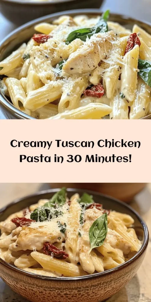 Indulge in this flavorful Tuscan Chicken Pasta Delight that combines tender chicken, sun-dried tomatoes, and fresh spinach in a creamy sauce. Perfect for a weeknight dinner, this dish comes together in just 30 minutes! With simple ingredients like penne pasta, garlic, and Parmesan cheese, it's a delicious way to bring a taste of Italy to your kitchen. Garnish with fresh basil for a delightful finish. Ready to impress your family or guests? Enjoy!
