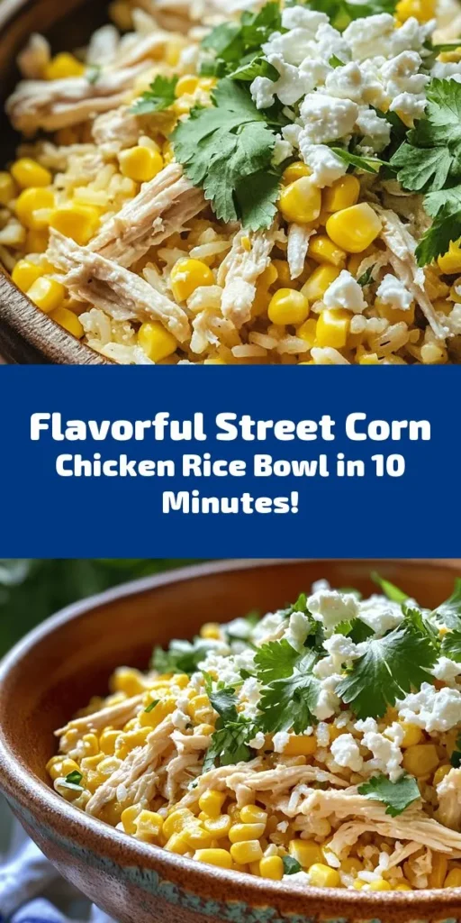 Looking for a quick and delicious meal? Try this Easy Street Corn Chicken Rice Bowl! With just a few simple ingredients like jasmine rice, canned corn, and shredded chicken, you can whip up a satisfying dish in just 10 minutes. The creamy dressing with lime juice and spices adds a zesty kick, while optional feta and cilantro give it a fresh touch. Perfect for lunch or a light dinner, this recipe is sure to become a favorite in your kitchen!